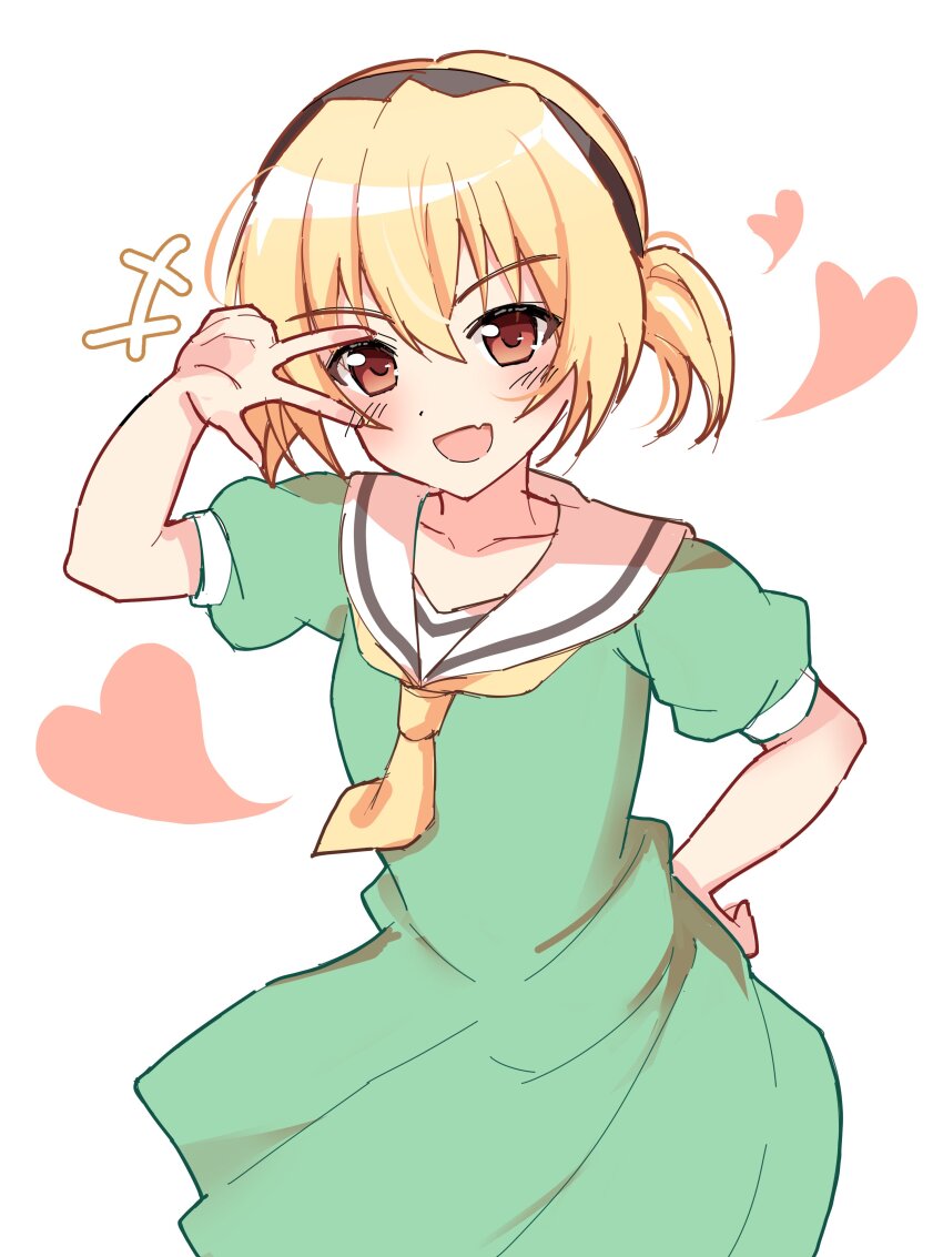 1girl absurdres alternate_hairstyle arm_up black_hairband blonde_hair cowboy_shot dress fang green_dress hair_between_eyes hairband hand_on_own_hip heart highres higurashi_no_naku_koro_ni houjou_satoko looking_at_viewer neckerchief nyako_(x_nyako_x) open_mouth puffy_short_sleeves puffy_sleeves red_eyes sailor_collar sailor_dress school_uniform short_hair short_sleeves short_twintails simple_background skin_fang smile solo standing twintails w white_background white_sailor_collar yellow_neckerchief