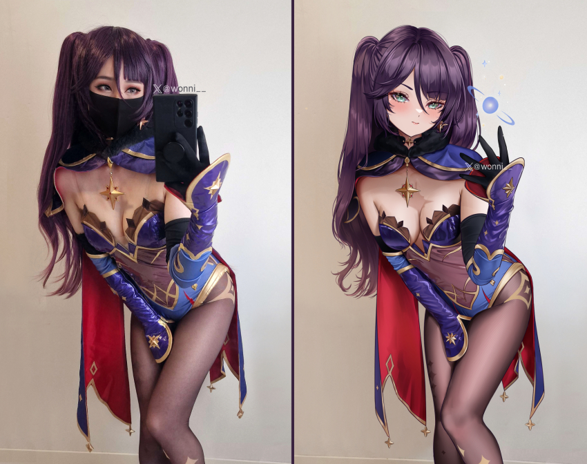 2girls art_vs_artist artist_name between_legs black_choker black_gloves black_mask blush breasts brooch brown_eyes brown_pantyhose capelet cellphone choker cleavage closed_mouth cosplay cosplay_photo earrings fur-trimmed_capelet fur_trim genshin_impact gloves gold_trim green_eyes hand_between_legs highres holding holding_phone jewelry looking_at_viewer mask medium_breasts mona_(genshin_impact) mona_(genshin_impact)_(cosplay) mouth_mask multiple_girls no_headwear orb pantyhose phone photo_(medium) purple_hair selfie smartphone star_(symbol) star_earrings thighs twintails watermark wonnikon