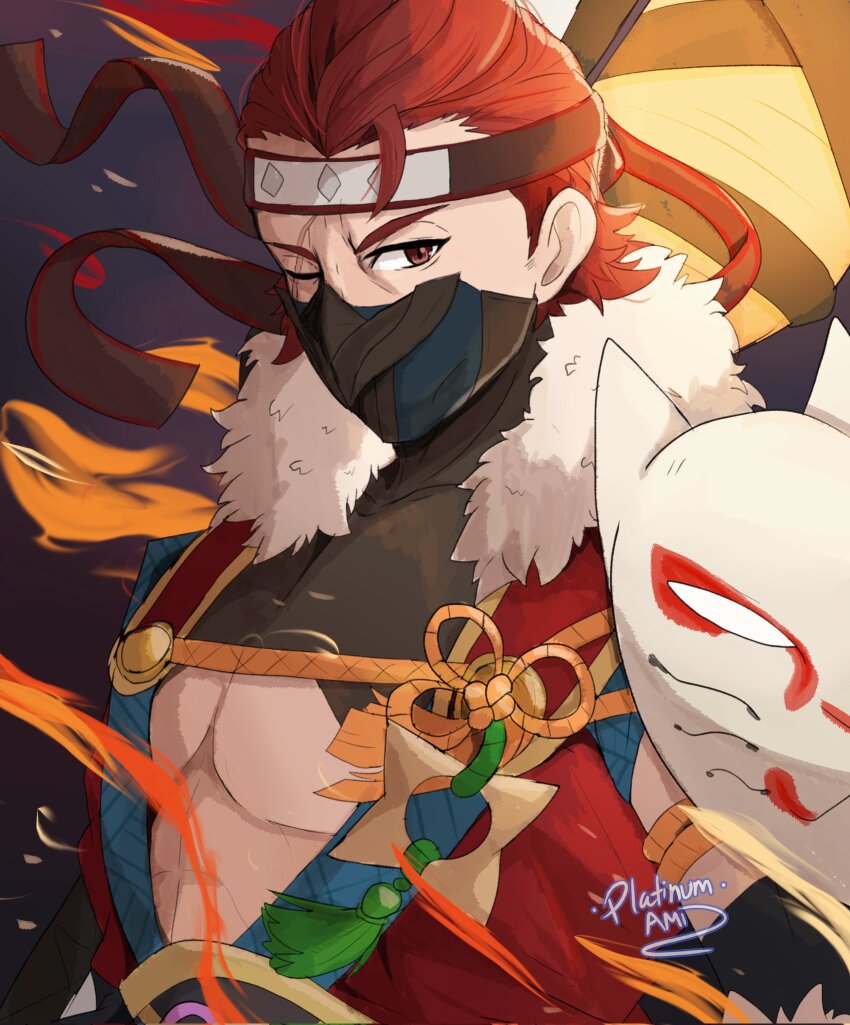 1boy artist_name fire_emblem fire_emblem_fates fire_emblem_heroes fox_mask hair_slicked_back headband highres looking_at_viewer mask mask_on_shoulder mouth_mask ninja nintendo official_alternate_costume one_eye_closed pectoral_cleavage pectorals platinum_ami red_hair rope saizo_(fire_emblem) saizo_(ninja)_(fire_emblem) scar scar_across_eye scar_on_face shimenawa solo upper_body