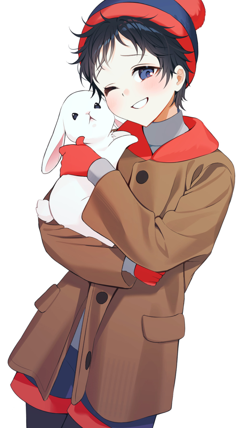 1boy animal animification balcony beanie black_leggings blue_eyes blue_shorts brown_coat coat commentary_request commission gloves goneuk_(lonely_w01f) hat head_tilt highres holding holding_animal holding_rabbit korean_commentary leggings male_focus messy one_eye_closed rabbit red_gloves shorts solo south_park stan_marsh