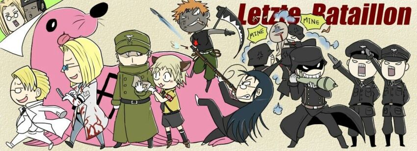 armband black_hair blonde_hair blood boots captain_(hellsing) chibi doctor_(hellsing) english_text formal_clothes glasses gun gym_uniform hellsing holding holding_gun holding_weapon jan_valentine luke_valentine major_(hellsing) millenium_(hellsing) multiple_boys multiple_girls musket nazi panzerfaust red_armband reichsadler rip_van_winkle_(hellsing) salute schroedinger_(hellsing) scythe sea_lion straight-arm_salute suit swastika tan vampire weapon werewolf white_hair white_suit zorin_blitz