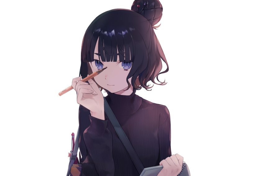 1girl absurdres black_sweater blue_eyes breasts daisi_gi fate/grand_order fate_(series) hair_bun hair_ornament highres katsushika_hokusai_(fate) katsushika_hokusai_(over_the_same_sky)_(fate) long_sleeves looking_at_viewer medium_breasts pencil purple_hair short_hair solo sweater