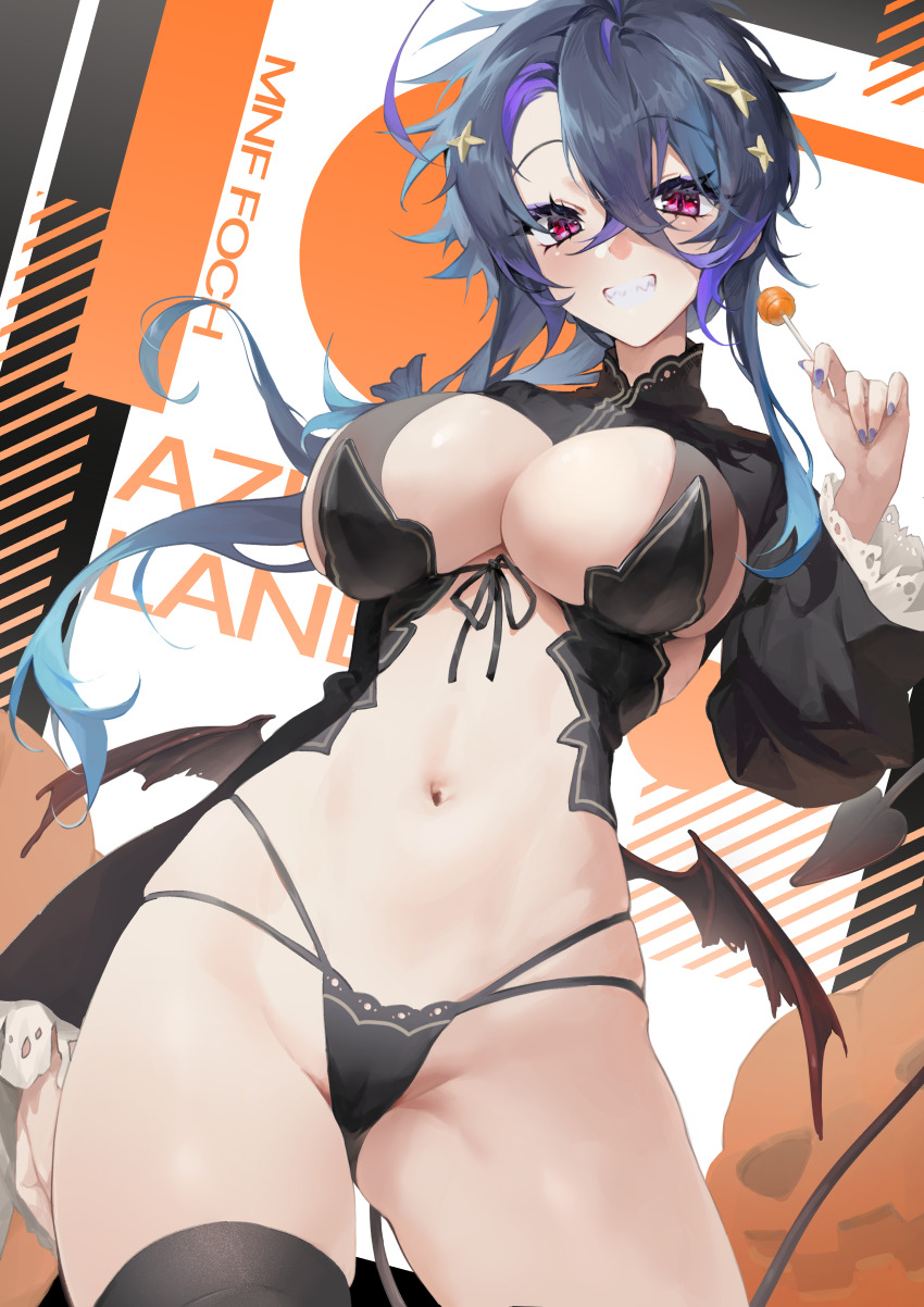 1girl absurdres ahoge alternate_costume azur_lane bikini bikini_bottom_only black_bikini black_shrug black_thighhighs breasts candy character_name chupa_chups cleavage commentary copyright_name cowboy_shot crossed_bangs demon_tail demon_wings fake_tail fake_wings foch_(azur_lane) food grey_hair grin hair_between_eyes hair_ornament halloween_costume highres jack-o&#039;-lantern large_breasts lollipop long_hair long_sleeves looking_at_viewer low_wings metaume multicolored_hair navel pink_eyes purple_hair purple_nails revision sharp_teeth shrug_(clothing) sidelocks skindentation smile solo standing star_(symbol) star_hair_ornament stomach swimsuit symbol-only_commentary tail teeth thighhighs wings