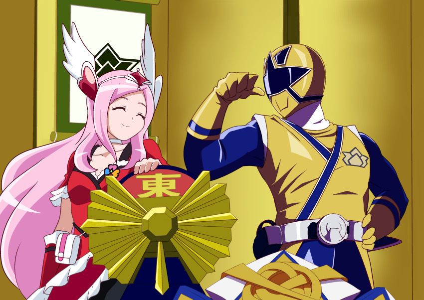 1boy 1girl absurdres arm_up assault_visor belt belt_buckle blue_bodysuit bodysuit breasts buckle choker clenched_hand closed_eyes closed_mouth clover_brooch cockpit cowboy_shot crossover cure_passion diamond_hair_ornament dress fresh_precure! frilled_dress frills gloves gold_bodysuit gold_gloves gold_helmet hair_ornament head_wings heart heart_hair_ornament helmet higashi_setsuna highres layered_skirt long_hair magical_girl multicolored_bodysuit muscular muscular_male parted_lips pink_hair pouch precure red_arm_warmers red_dress red_sleeves samurai_sentai_shinkenger season_connection shinken_gold silver_belt skirt small_breasts smile super_sentai tiara tirofinire tokusatsu two-tone_bodysuit umemori_genta white_choker wing_hair_ornament wings wrist_cuffs