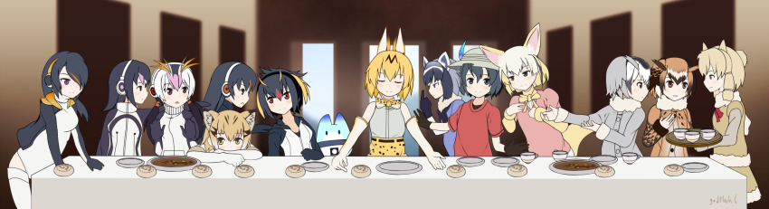 6+girls alpaca_ears alpaca_girl alpaca_suri_(kemono_friends) animal_ears animal_print black_gloves black_hair blonde_hair bow bowtie brown_hair coat common_raccoon_(kemono_friends) cup elbow_gloves emperor_penguin_(kemono_friends) eurasian_eagle_owl_(kemono_friends) fennec_(kemono_friends) fine_art_parody food fox_ears fox_girl fur-trimmed_coat fur_trim gentoo_penguin_(kemono_friends) gloves gokiburi_no_dashi grey_hair hair_over_one_eye headphones highres holding holding_plate humboldt_penguin_(kemono_friends) japari_bun kaban_(kemono_friends) kemono_friends long_hair long_sleeves lucky_beast_(kemono_friends) multiple_girls northern_white-faced_owl_(kemono_friends) open_mouth parody penguin_girl penguins_performance_project_(kemono_friends) pink_shirt plate raccoon_ears raccoon_girl red_shirt rockhopper_penguin_(kemono_friends) royal_penguin_(kemono_friends) sand_cat_(kemono_friends) serval_(kemono_friends) shirt signature sleeves_past_wrists t-shirt teacup the_last_supper thighhighs white_gloves