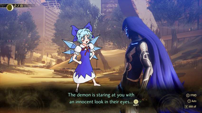 blue_hair cirno desert dialogue_box fairy highres ihrorob long_hair meme non-web_source shin_megami_tensei shin_megami_tensei_v shin_megami_tensei_v:_vengeance touhou