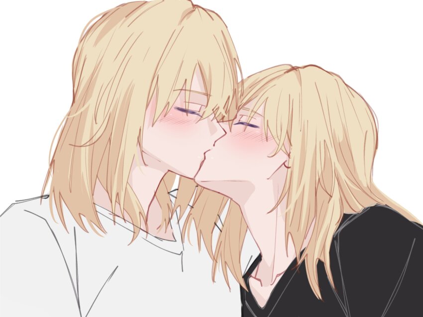 2girls amakuma bang_dream! bang_dream!_it&#039;s_mygo!!!!! black_shirt blonde_hair blush closed_eyes half-siblings highres incest kiss medium_hair misumi_uika misumi_uika&#039;s_sister multiple_girls shirt siblings simple_background sisters spoilers white_background white_shirt yuri