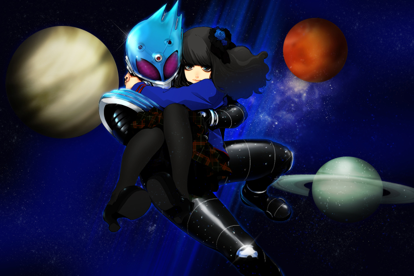 1girl arm_around_neck black_hair blazer carrying el2 hug jacket kamen_rider kamen_rider_fourze_(series) kamen_rider_meteor long_hair nozama_tomoko pantyhose princess_carry purple_eyes school_uniform space star_(symbol)