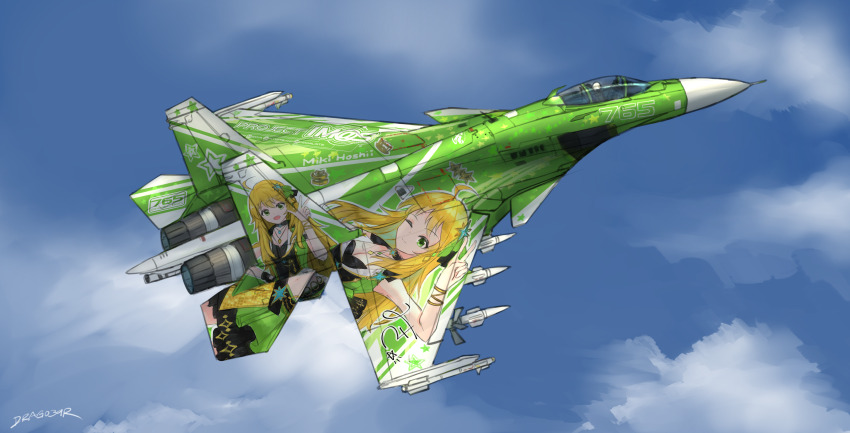 1other absurdres ace_combat aircraft airplane bandai_namco blue_sky character_name cloud commentary company_connection day doragodesu_(user_egxc7832) english_commentary fighter_jet flying highres hoshii_miki idolmaster idolmaster_(classic) idolmaster_million_live! idolmaster_million_live!_theater_days itasha military military_vehicle outdoors pilot signature sky su-33 vehicle_focus