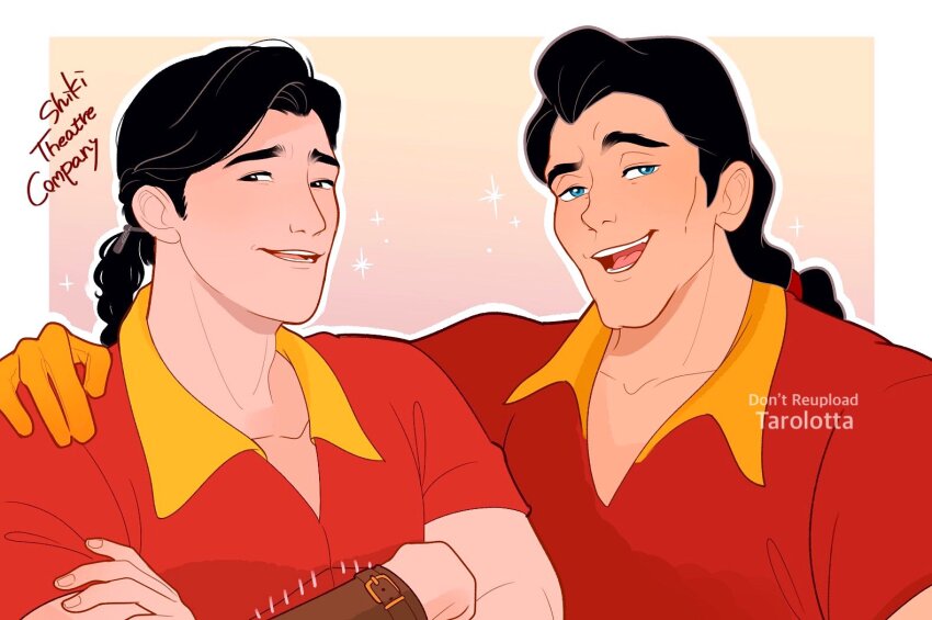 2boys arm_around_shoulder artist_name asian beauty_and_the_beast_(disney) beauty_and_the_beast_(musical) black_eyes black_hair blue_eyes commentary_request crossed_arms dual_persona gaston gloves long_hair low-tied_long_hair male_focus multiple_boys open_mouth orange_gloves ponytail red_shirt shirt smile sparkle takahashi_motofumi tarolotta watermark