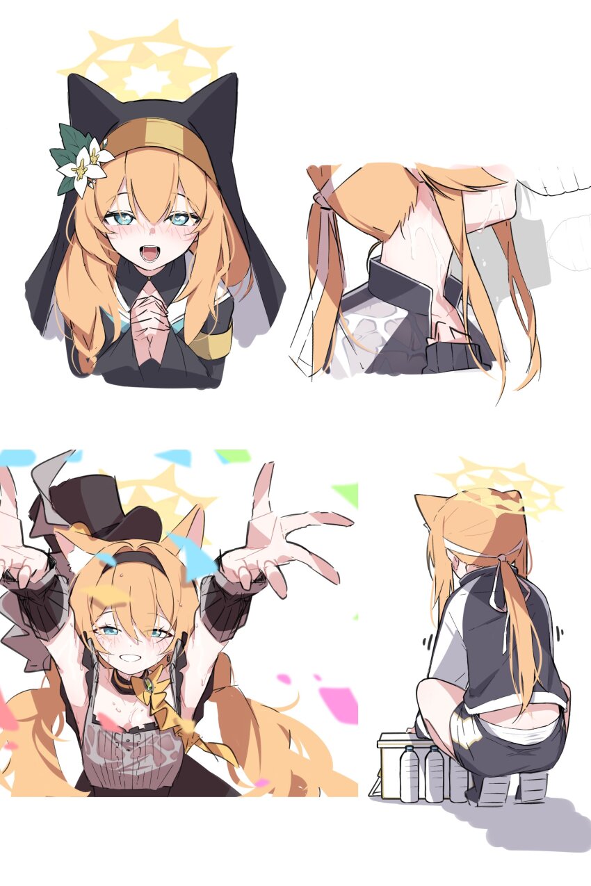 1girl absurdres animal_ear_fluff animal_ear_headwear animal_ears black_dress black_hairband black_hat black_jacket black_shorts blue_archive bottle collarbone dress drinking extra_ears fake_animal_ears flower fox_ears green_eyes gym_shorts gym_uniform hair_flower hair_ornament hairband halo hands_up hashtag-only_commentary hat heart heart-shaped_pupils highres jacket long_hair long_sleeves looking_at_viewer mari_(blue_archive) mari_(idol)_(blue_archive) mari_(track)_(blue_archive) mmhomm multiple_views nun official_alternate_costume official_alternate_hairstyle open_mouth orange_hair orange_halo own_hands_together panties panty_peek ponytail reaching reaching_towards_viewer saliva shadow shorts sweat symbol-shaped_pupils underwear water_bottle wet wet_clothes wet_jacket white_background white_panties