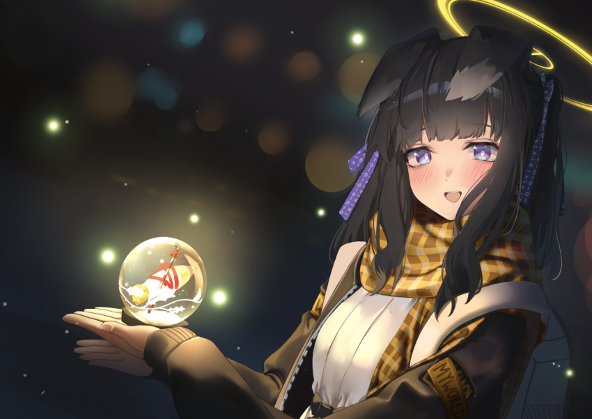 1girl :d aekun_cben ammunition animal_ears backpack bag black_hair blue_archive blunt_bangs blurry blurry_background blush breasts casual dog_ears dog_girl dress hair_between_eyes hair_ornament halo hibiki_(blue_archive) highres holding holding_snow_globe jacket long_hair long_sleeves looking_at_viewer mortar_shell night open_clothes open_mouth purple_eyes ribbon scarf sidelocks small_breasts smile snow_globe solo twintails upper_body white_dress