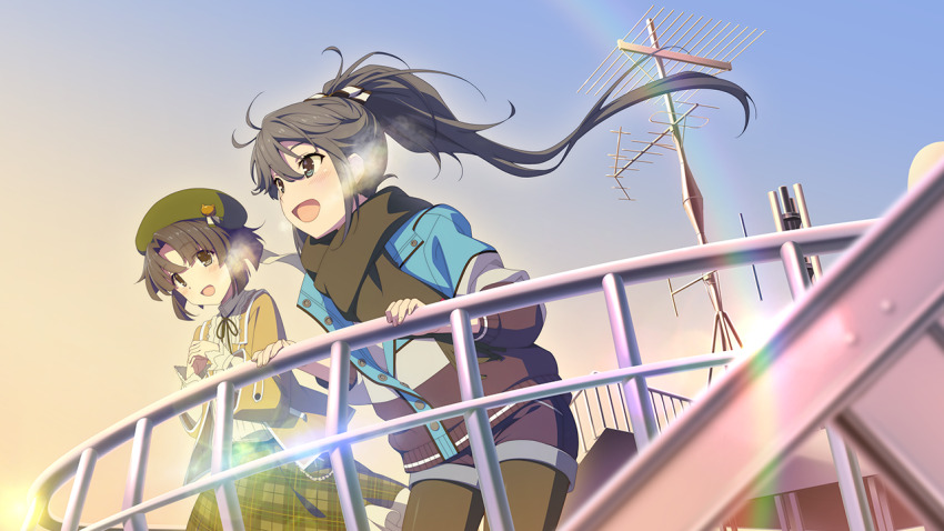 2girls :d against_railing beret blue_jacket blurry blurry_foreground blush brown_jacket brown_pantyhose brown_scarf day game_cg green_hat green_skirt hat jacket long_hair long_skirt long_sleeves looking_at_another morning multicolored_jacket multiple_girls musumi_kiyoka official_art open_clothes open_jacket open_mouth outdoors own_hands_together pantyhose partially_unbuttoned plaid_clothes plaid_skirt ponytail purple_jacket purple_shorts radio_antenna railing scarf short_hair shorts skirt sky smile standing steam toji_no_miko toji_no_miko:_kizamishi_issen_no_tomoshibi yamashiro_yui