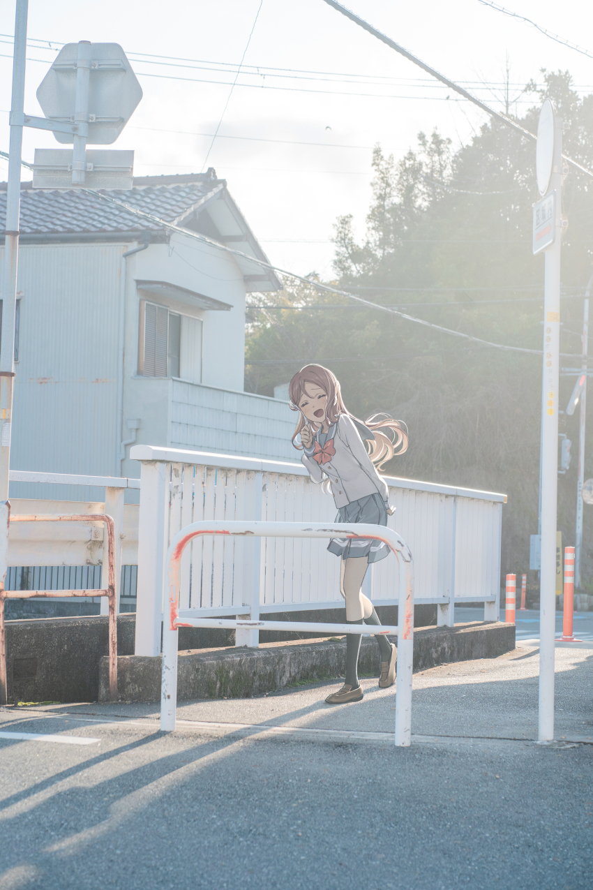 absurdres arm_up blue_sky closed_eyes cloud highres hotechige house laughing leaf long_hair looking_at_viewer love_live! love_live!_sunshine!! numazu outdoors photo_background railing real_life realistic red_hair road_sign sailor_collar sakurauchi_riko scenery school_uniform serafuku sign skirt sky traffic_cone tree uranohoshi_school_uniform walking window