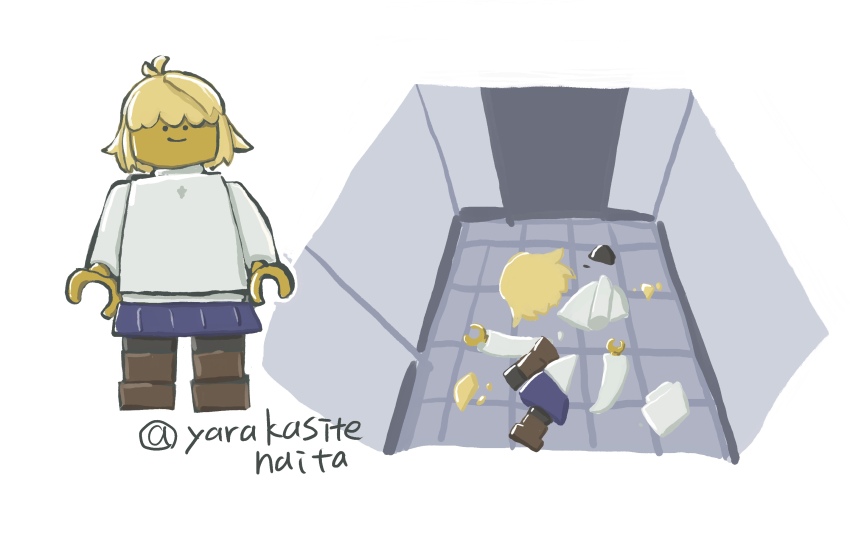1girl arcueid_brunestud blonde_hair colored_skin disembodied_head highres lego lego_minifig long_sleeves objectification scene_reference short_hair skirt smile toy tsukihime twitter_username yarakasitenaita yellow_skin