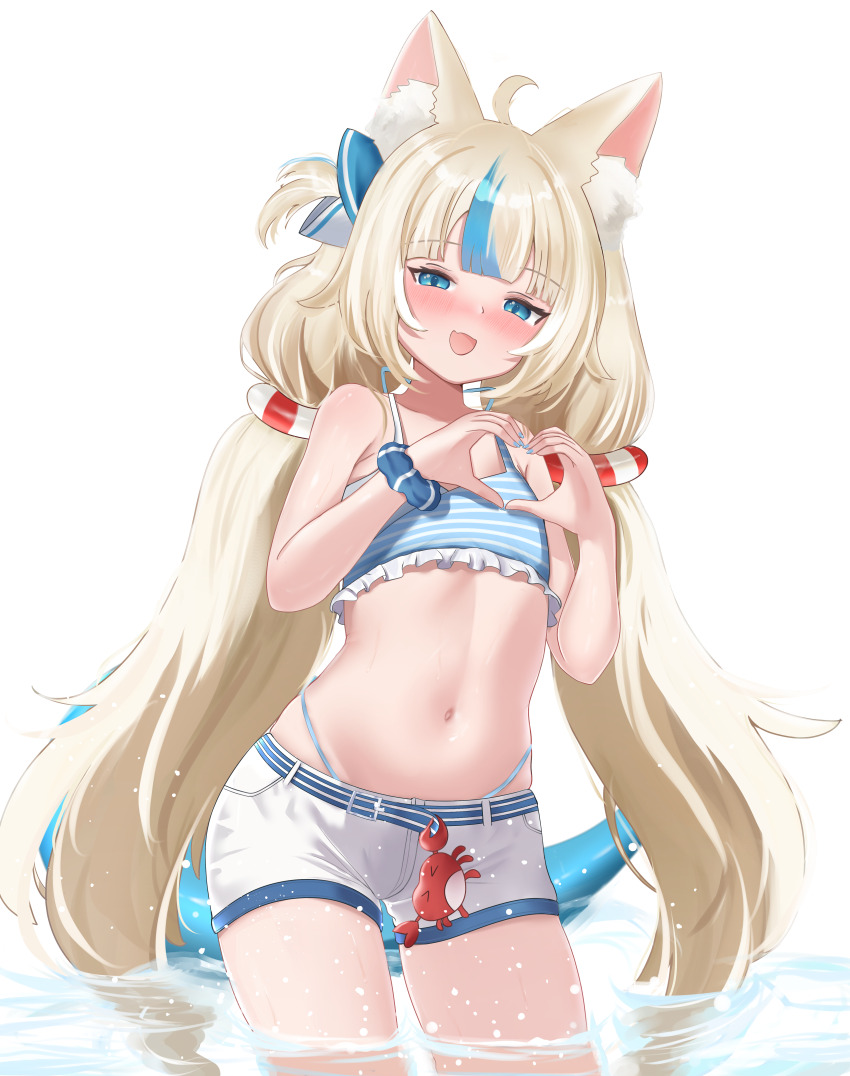 1girl :d absurdres ahoge andrl animal_ear_fluff animal_ears belt bikini bikini_under_clothes bikini_under_shorts blonde_hair blue_belt blue_bikini blue_bow blue_eyes blue_hair blunt_bangs bow cat_ears cowboy_shot fins fish_girl fish_tail flat_chest frilled_bikini frills hair_bow heart heart_hands highleg highleg_bikini highres indie_virtual_youtuber kaniki_(sameko_saba) lifebuoy_hair_ornament long_hair looking_at_viewer low_twintails multicolored_hair navel one_side_up open_mouth sameko_saba short_shorts shorts simple_background smile solo streaked_hair striped_bikini striped_clothes swimsuit tail twintails very_long_hair virtual_youtuber wading white_background white_hair white_shorts