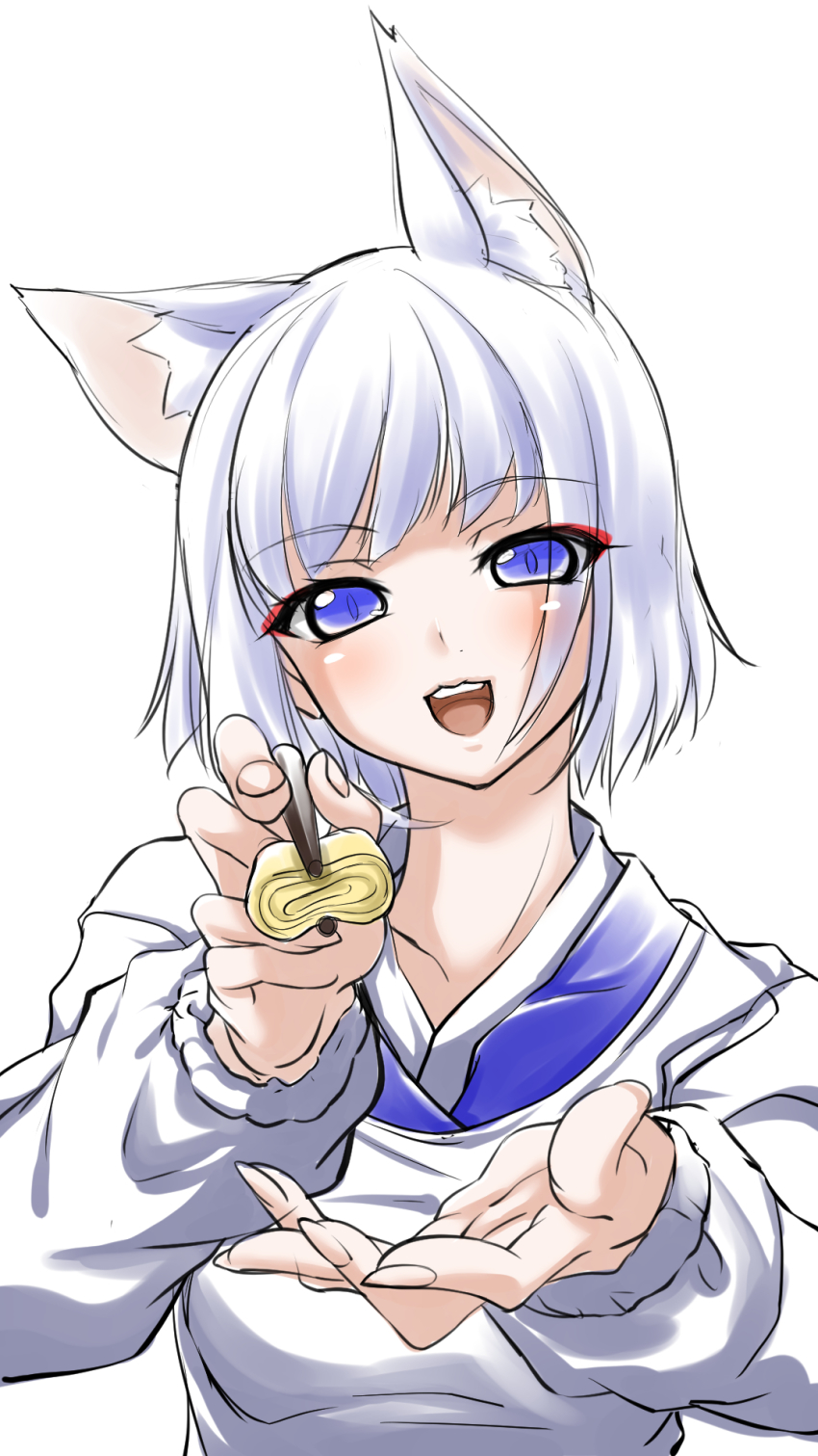 alternate_costume animal_ears apron azur_lane blunt_bangs chopsticks eyeliner eyeshadow feeding fox_ears fox_girl highres japanese_clothes kaga_(azur_lane) kappougi kitsune makeup solo toron_(mino106) white_hair