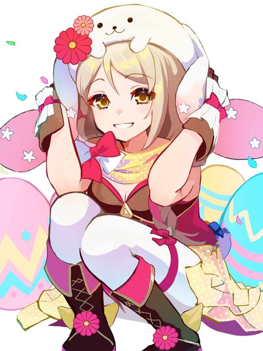 1girl animal_hat aoisu_ao blonde_hair braid braided_ponytail brown_gloves easter easter_egg egg expressive_clothes fire_emblem fire_emblem_engage fire_emblem_heroes flower_ornament framme_(fire_emblem) framme_(spring)_(fire_emblem) gloves hair_over_shoulder hat highres nintendo official_alternate_costume pantyhose pink_hair rabbit_hat scarf smile solo white_pantyhose yellow_eyes yellow_scarf