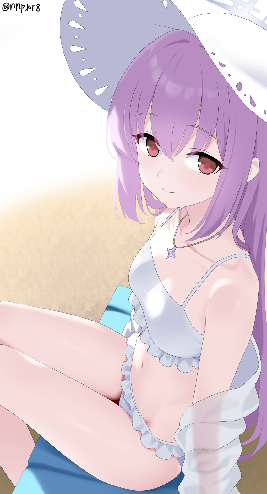 absurdres atsuko_(blue_archive) atsuko_(swimsuit)_(blue_archive) bare_shoulders bikini blue_archive blush closed_mouth frilled_bikini frills hat highres jewelry looking_at_viewer necklace official_alternate_costume official_alternate_hairstyle potgit purple_hair red_eyes sand see-through_clothes see-through_shirt shirt shirt_partially_removed sitting smile star_(symbol) star_necklace sun_hat swimsuit white_bikini white_hat white_shirt