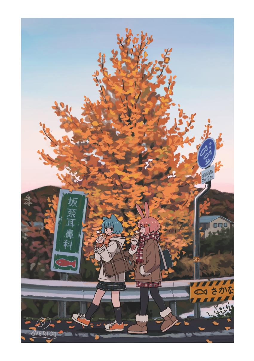2girls animal_ears bag black_pantyhose black_socks blue_hair boots brown_boots brown_coat building carrot_hair_ornament cat_ears cat_girl coat commentary eating food food-themed_hair_ornament fur-trimmed_boots fur_trim ginkgo_tree gradient_sky green_skirt guard_rail hair_ornament hand_in_pocket highres holding holding_food house looking_at_another medium_hair messenger_bag multiple_girls nerio_(neri_akira) orange_scarf orange_shoes original outdoors pantyhose pink_hair plaid_clothes plaid_scarf plaid_skirt profile rabbit_ears rabbit_girl red_scarf red_skirt road road_sign scarf scenery shoes shoulder_bag sign signature skirt sky sneakers socks standing taiyaki talking tree wagashi walking white_coat