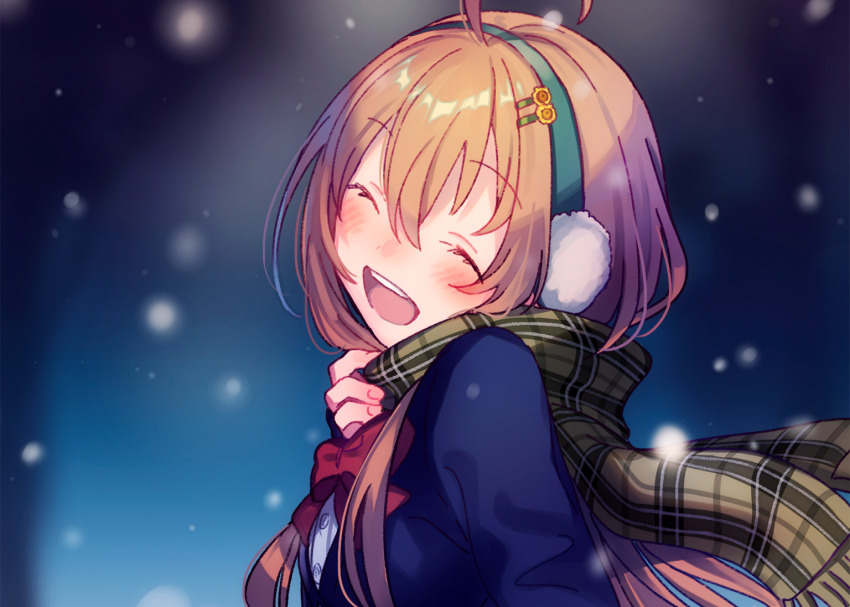1girl :d ^_^ ahoge blue_jacket blurry blurry_background blush bow bowtie brown_hair brown_scarf closed_eyes commentary_request earmuffs enpera eyelashes flower fuji_fujino hair_between_eyes hair_flower hair_ornament hairclip hand_up happy honma_himawari honma_himawari_(2nd_costume) jacket long_hair long_sleeves night nijisanji official_alternate_costume open_mouth outdoors plaid_clothes plaid_scarf red_bow red_bowtie scarf school_uniform shirt sidelocks smile snowing solo sunflower sunflower_hair_ornament teeth upper_body upper_teeth_only virtual_youtuber white_shirt winter_uniform