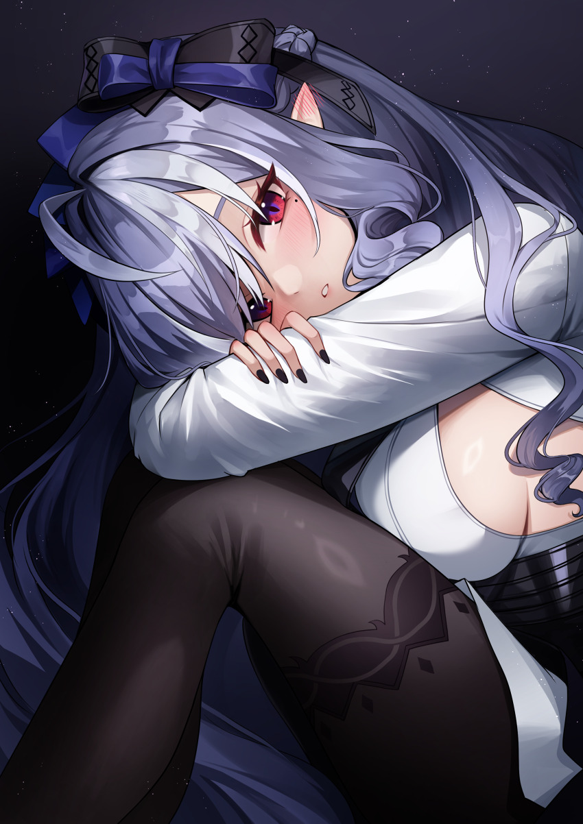 1girl absurdres ankkoyom arms_on_knees black_background black_hairband black_nails blush breasts crossed_arms dress ear_blush from_side hairband highres knees_up light_particles long_hair looking_at_viewer medium_breasts mole mole_under_eye parted_lips pointy_ears purple_hair red_eyes shrug_(clothing) sideboob solo vampire vivian_(zenless_zone_zero) white_dress white_shrug zenless_zone_zero