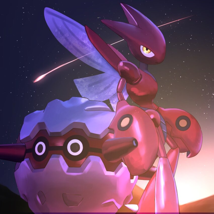 bug claws comet cowboy_shot gen_2_pokemon highres insect_wings night nintendo pokemon pokemon_(creature) redamber334 scizor standing star_(sky) sunset wings yellow_eyes