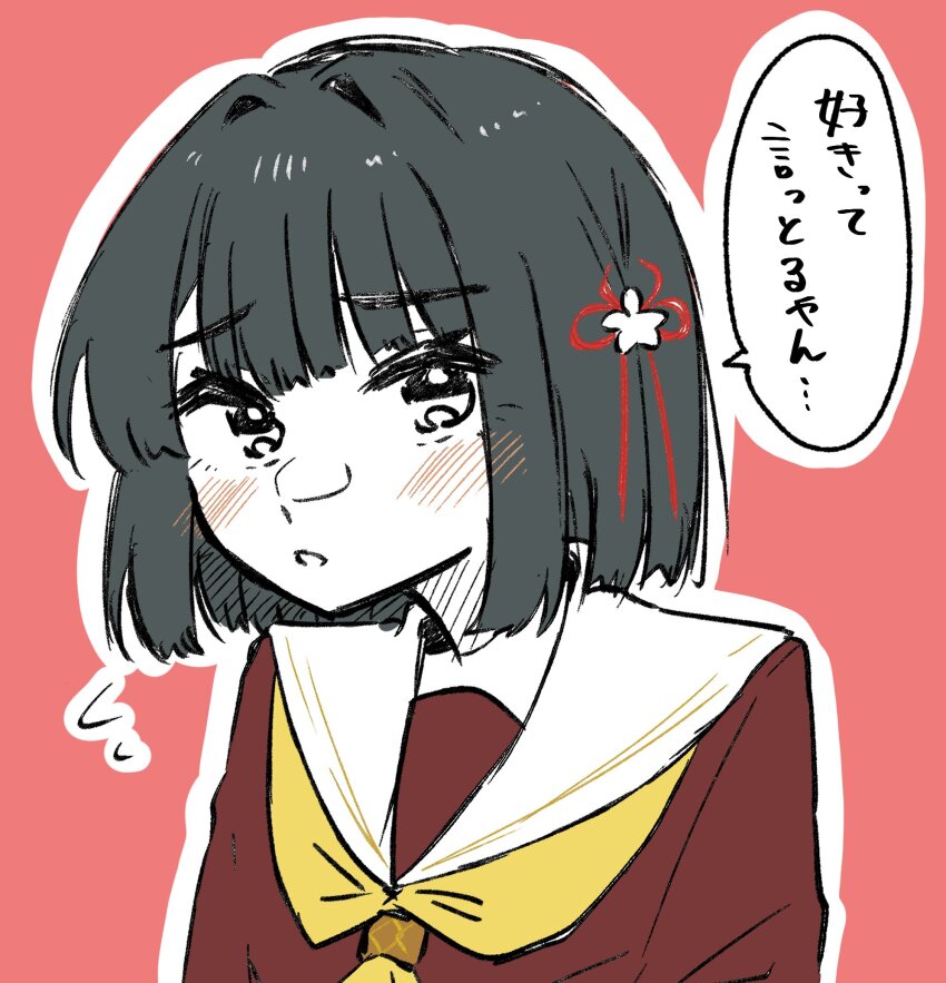 1girl black_hair blunt_bangs blunt_ends blush bob_cut brown_dress commentary_request dress flower flower_knot hair_flower hair_intakes hair_ornament hasu_no_sora_school_uniform highres link!_like!_love_live! long_sleeves looking_at_viewer love_live! momose_ginko neckerchief puripuri_hurai sailor_collar sailor_dress school_uniform short_hair solo speech_bubble translation_request upturned_eyes virtual_youtuber white_sailor_collar winter_uniform yellow_neckerchief