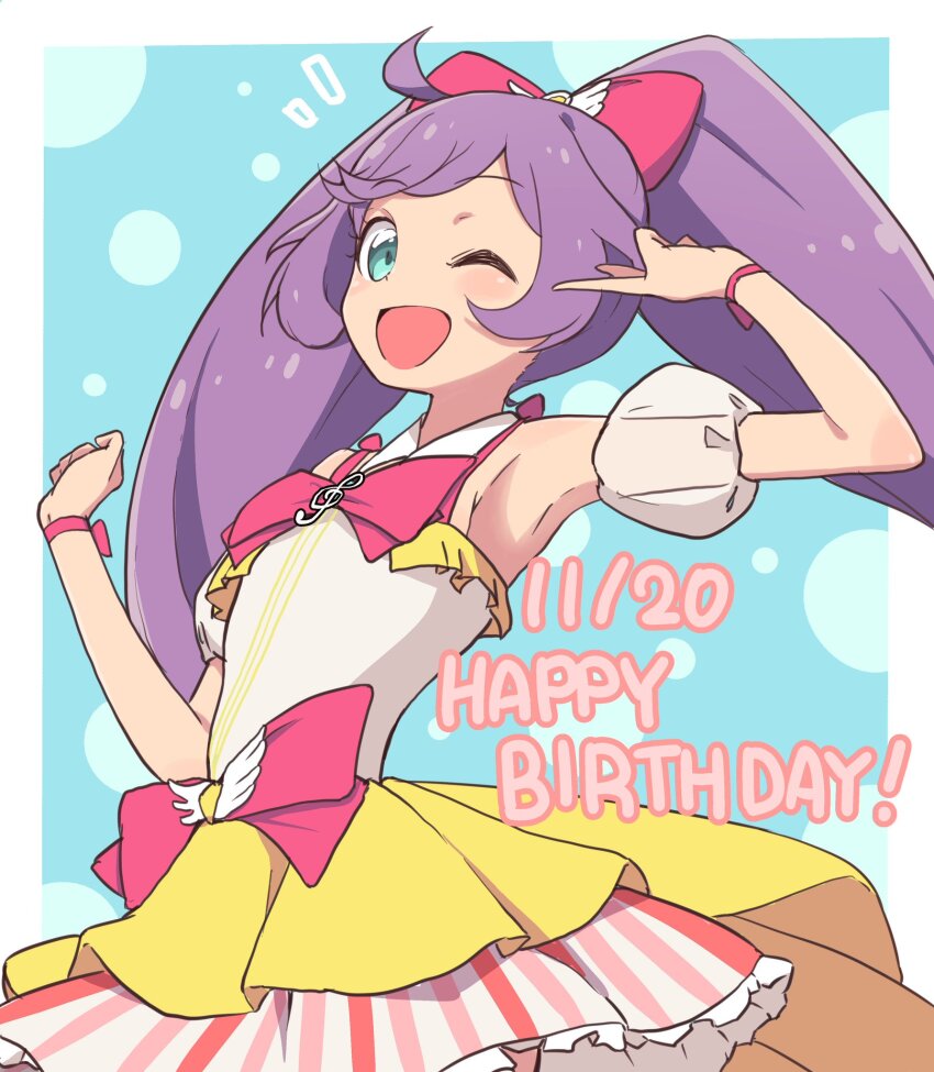 1girl ;d ahoge bad_id bad_twitter_id bow cbgb commentary cowboy_shot detached_sleeves dress hair_bow happy_birthday highres idol_clothes image_sample long_hair looking_at_viewer manaka_laala multicolored_dress one_eye_closed open_mouth pink_bow pretty_series pripara puffy_detached_sleeves puffy_sleeves purple_hair smile solo standing treble_clef twintails twitter_sample v very_long_hair