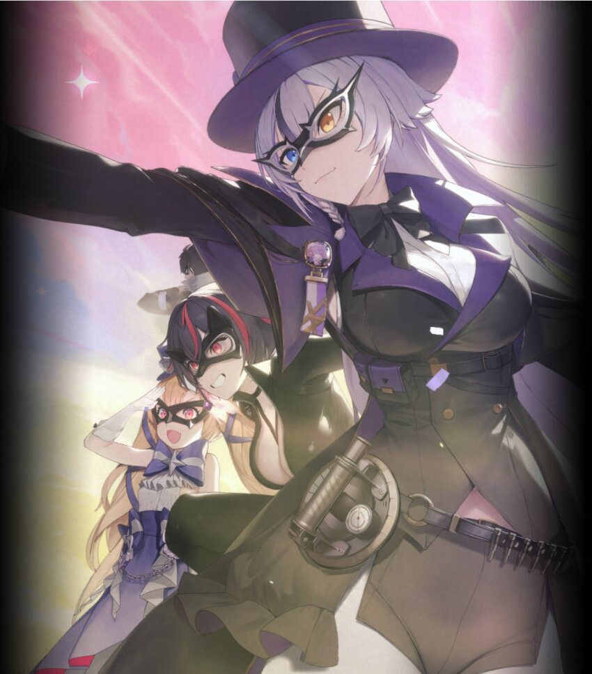 1boy 3girls ammunition_belt belt_pouch black_bodysuit black_bow black_bowtie black_coat black_hair black_hat blonde_hair blue_eyes bodysuit bow bowtie breasts capelet chain cleavage coat commander_(nikke) commentary confetti cowboy_shot domino_mask dress elbow_gloves eye_mask from_side gloves goddess_of_victory:_nikke grin hair_ribbon hat heterochromia highres jam_(nandade) large_bow large_breasts latex latex_bodysuit leaning_forward long_hair mask midriff_peek miranda_(nikke) miranda_(thief_of_justice)_(nikke) multicolored_hair multiple_girls official_art open_mouth outstretched_arm pants pelvic_curtain phantom_(nikke) pouch purple_bow purple_capelet purple_dress purple_hair purple_ribbon quency_(escape_queen)_(nikke) quency_(nikke) red_eyes red_hair ribbon salute shirt sleeveless sleeveless_dress small_breasts smile standing streaked_hair striped_bow top_hat twintails two-tone_hair underbust white_gloves white_hair white_pants white_shirt yellow_eyes