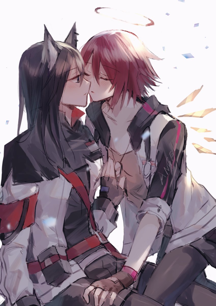 2girls absurdres animal_ears arknights black_gloves black_hair black_jacket black_legwear black_shorts blush brown_shirt closed_eyes clothes_writing collarbone detached_wings dog_tags energy_wings exusiai_(arknights) female_focus fingerless_gloves gloves hair_between_eyes halo hand_up highres imminent_kiss jacket long_hair long_sleeves matsuzaka_(matsuzakagyu_29) multicolored_jacket multiple_girls open_clothes open_jacket pantyhose pantyhose_under_shorts parted_lips red_hair shirt short_hair shorts simple_background texas_(arknights) two-tone_jacket white_background white_jacket wings wolf_ears yuri