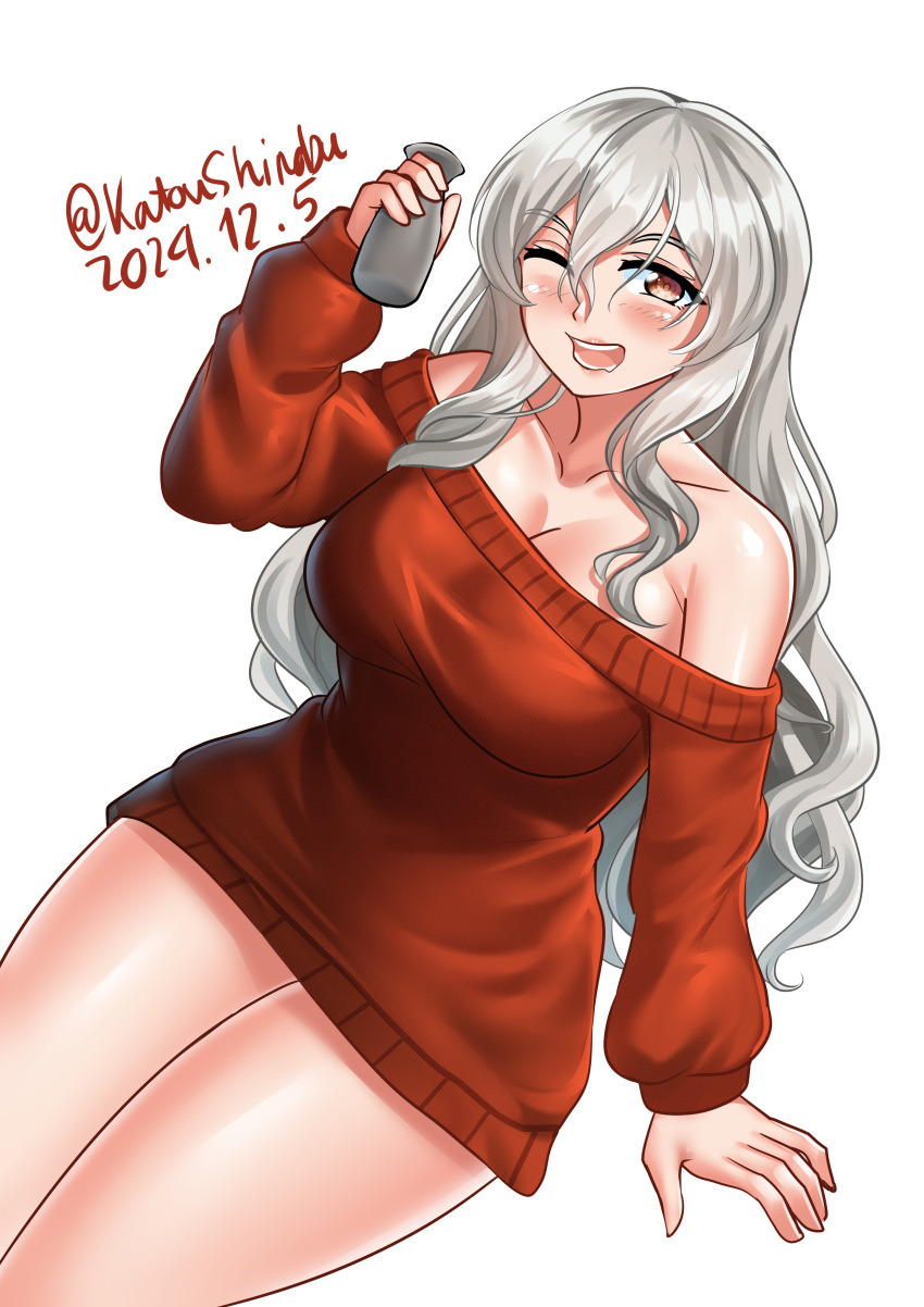 1girl absurdres alternate_color bottle breasts brown_eyes commentary cowboy_shot dated dress english_commentary grey_hair highres holding holding_bottle kantai_collection katou_shinobu large_breasts long_hair looking_at_viewer off-shoulder_dress off_shoulder official_alternate_costume one_eye_closed pola_(kancolle) pola_(saury_festival)_(kancolle) red_dress sitting smile solo sweater sweater_dress tokkuri twitter_username white_background