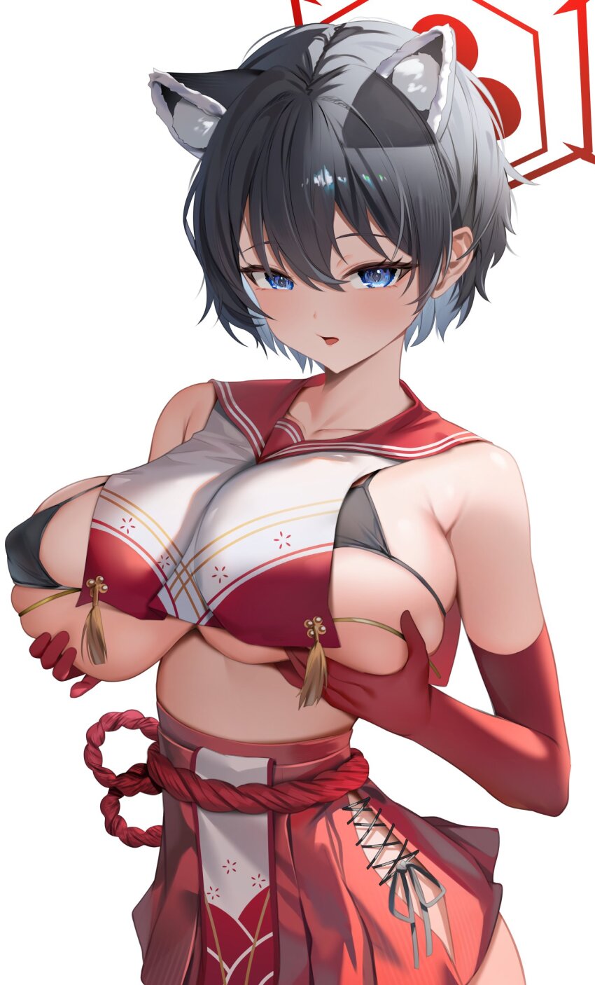 1girl absurdres animal_ear_fluff animal_ears bare_shoulders black_bra black_hair blue_archive blue_eyes blush bra breasts clothing_request collarbone commentary elbow_gloves gloves grabbing_own_breast hair_between_eyes halo highres huge_breasts looking_at_viewer micro_bra parted_lips pleated_skirt red_gloves red_halo red_skirt shuvi_(shuvi1125) simple_background skirt solo tsubaki_(blue_archive) underwear white_background