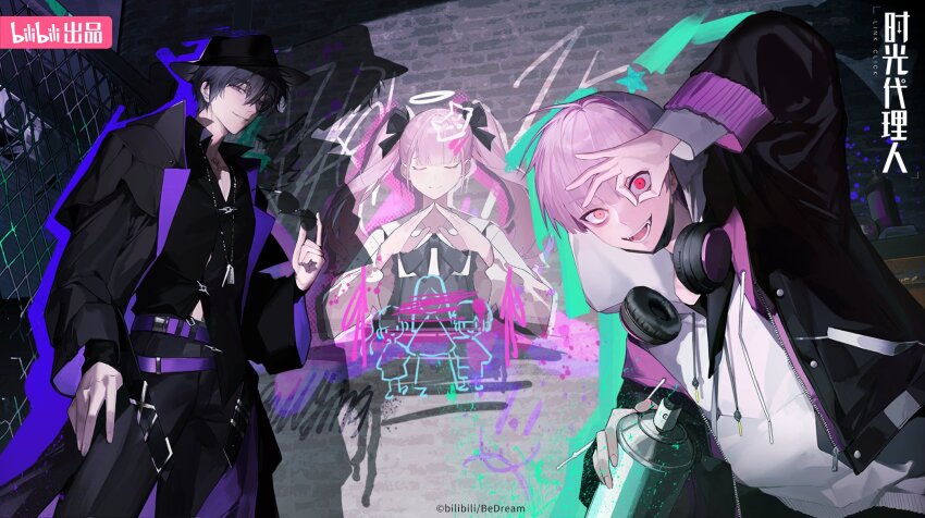 1girl 2boys belt black_hat black_jacket black_pants black_shirt bow chain-link_fence closed_eyes closed_mouth coat copyright_name copyright_notice fang fence graffiti hair_bow halo hat headphones headphones_around_neck heterochromia highres holding holding_removed_eyewear holding_spray_can hood hoodie jacket jewelry li_tianchen li_tianxi liu_xiao long_hair long_sleeves looking_at_viewer multiple_boys necklace official_art ok_sign open_clothes open_mouth pants pink_eyes pink_hair purple_hair red_eyes shiguang_dailiren shirt short_hair smile standing teeth twintails unworn_eyewear white_hoodie