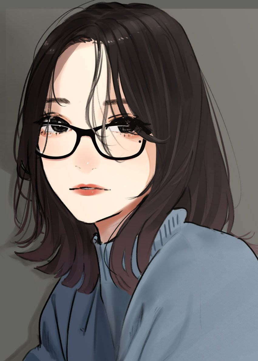 1girl black-framed_eyewear blue_shirt bob_cut brown_eyes brown_hair glasses grey_background highres lips looking_at_viewer medium_hair mole mole_under_eye original parted_lips saitou_(lynx-shrike) shirt solo