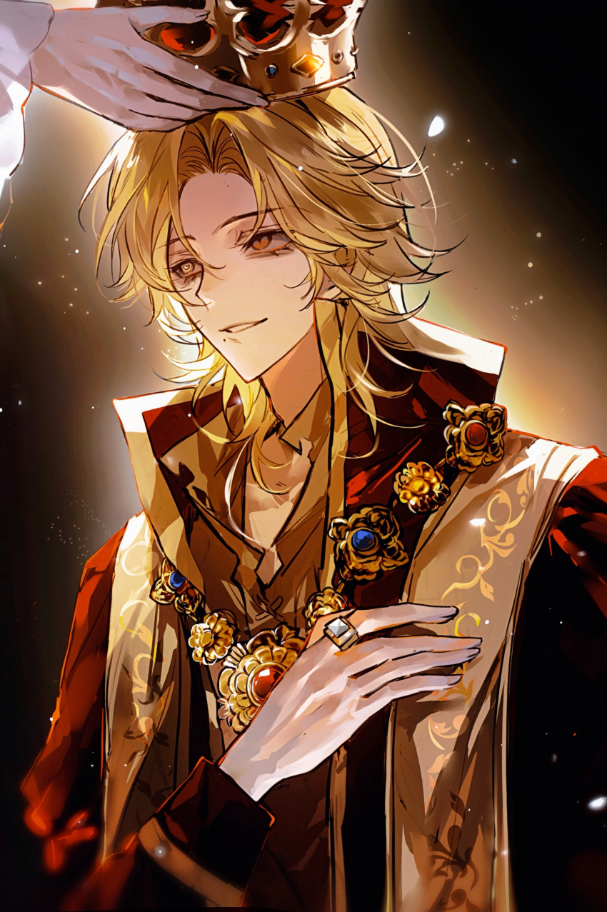 1boy absurdres black_shirt blonde_hair collared_shirt crown genshinimpactgaoshou gold gold_ring gold_trim hair_intakes hand_on_own_chest highres holding holding_crown identity_v jewelry light_particles long_hair long_sleeves looking_to_the_side male_focus medium_hair mole mole_under_mouth necklace orange_eyes out_of_frame parted_bangs parted_lips red_crown richard_sterling richard_sterling_(edward_beneath_the_crown) ring shirt smile solo solo_focus upper_body yellow_eyes