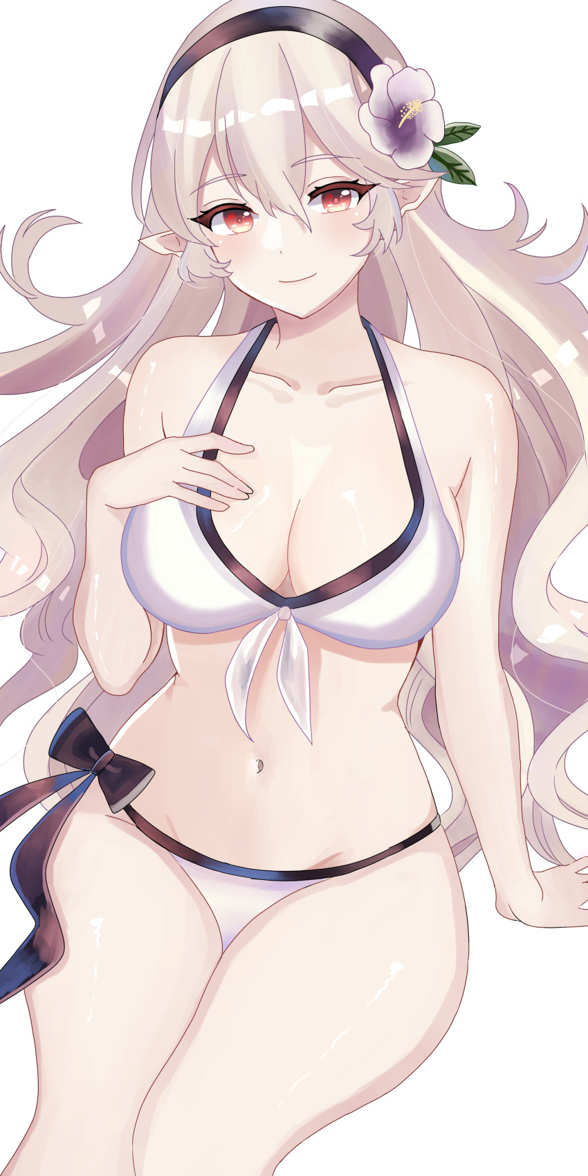 1girl absurdres bare_arms bare_shoulders bikini black_hairband breasts cleavage commentary female_corrin_(fire_emblem) fire_emblem fire_emblem_fates fire_emblem_heroes flower grey_hair hair_flower hair_ornament hairband hand_on_own_chest highres large_breasts n_54 navel nintendo official_alternate_costume pointy_ears sideboob sitting skindentation solo stomach swimsuit thighs transparent_background white_bikini