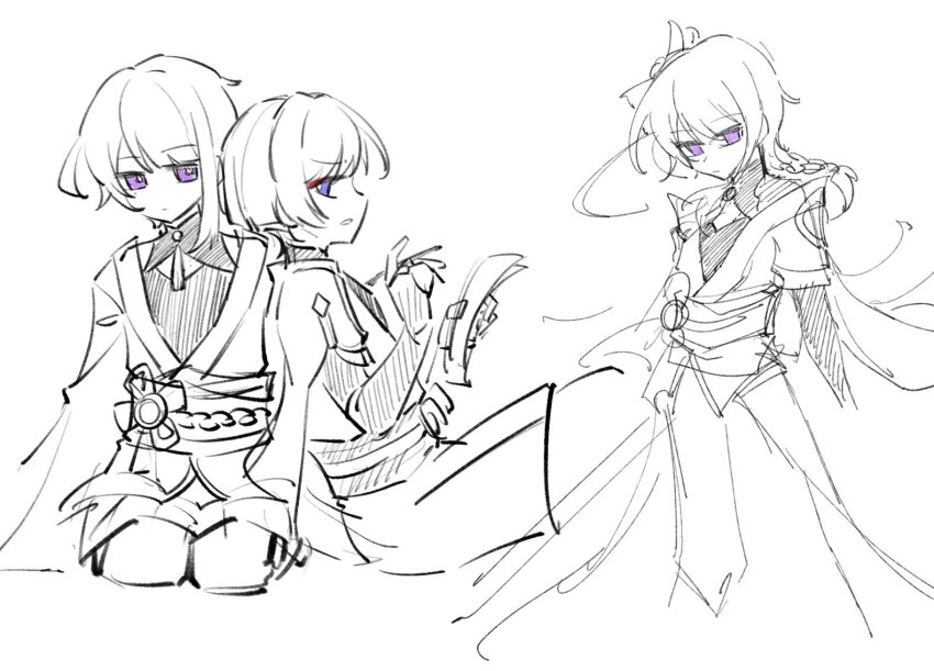 2boys alternate_hair_length alternate_hairstyle arms_at_sides belt blunt_bangs bow braid bridal_gauntlets bright_pupils chinese_knot cleavage_cutout closed_mouth clothing_cutout empty_eyes expressionless eyeliner eyeshadow father_and_son furisode genderswap genderswap_(ftm) genshin_impact greyscale hand_up hatching_(texture) holding holding_paper japanese_clothes kimono leaning_on_person linear_hatching long_hair long_sleeves looking_at_another looking_at_viewer low-braided_long_hair low-tied_long_hair makeup middle_ring mohu_116 mole mole_under_eye monochrome multiple_boys obi obiage open_mouth paper pink_eyes purple_eyes raiden_shogun red_eyeliner red_eyeshadow sash scaramouche_(genshin_impact) seiza short_hair short_sleeves shorts shoulder_peek shrug_(clothing) sideways_mouth single_sidelock sitting sketch spot_color swept_bangs tassel wanderer_(genshin_impact) white_pupils