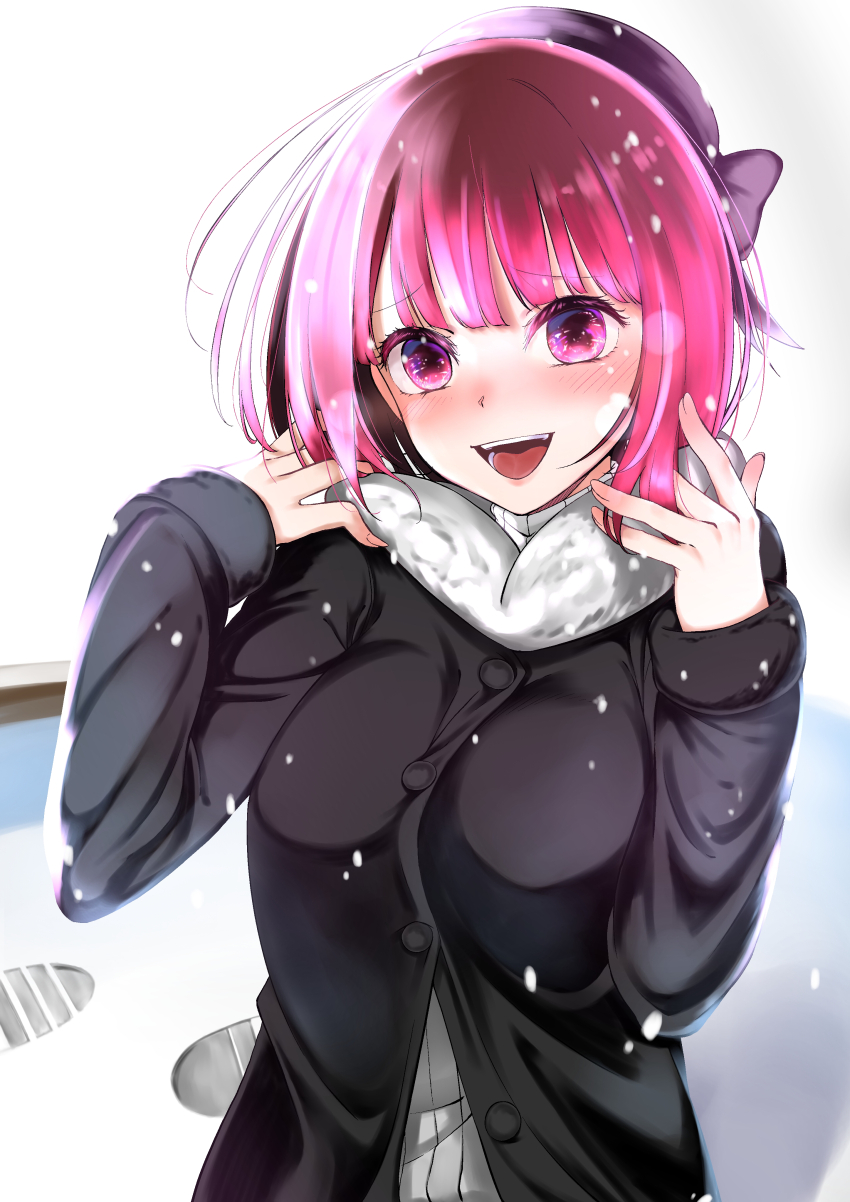 1girl absurdres arima_kana beret blush bob_cut breasts coat hat highres inverted_bob looking_at_viewer medium_breasts medium_hair open_mouth oshi_no_ko outdoors red_eyes red_hair smile snow solo sweater upper_body