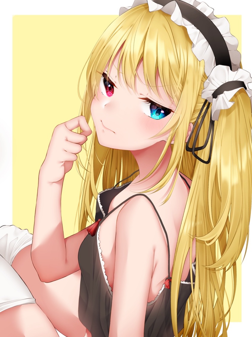1girl bare_shoulders black_camisole blonde_hair blue_eyes boku_wa_tomodachi_ga_sukunai border breasts camisole closed_mouth hairband hand_up hasegawa_kobato heterochromia highres loli lolita_hairband long_hair looking_at_viewer outside_border red_eyes rex simple_background sitting small_breasts solo spaghetti_strap thighhighs twintails white_border white_thighhighs yellow_background