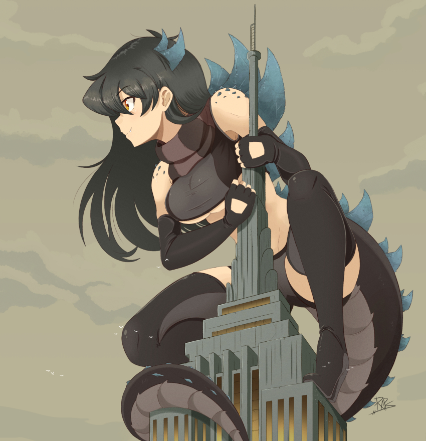 1girl adelaide_productions black_boots black_bra black_hair black_panties boots bra breasts building centropolis_entertainment centropolis_television columbia_tristar_television giant giantess godzilla:_the_series godzilla_(series) godzilla_the_series high_heel_boots high_heels highres large_breasts long_hair md5_mismatch monster_girl orange_eyes panties personification raps_(yohomeboyraps) resolution_mismatch skyscraper solo source_smaller tail thigh_boots thighhighs underwear zilla_jr.