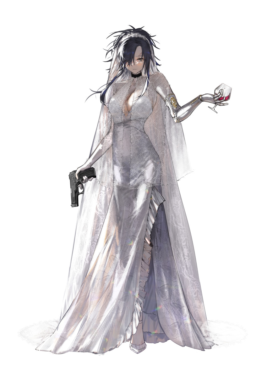 1girl absurdres alcohol alternate_costume angelia_(girls&#039;_frontline) blue_hair blueblossom bridal_veil cup dress drinking_glass girls&#039;_frontline grey_eyes gun handgun highres holding holding_cup holding_gun holding_weapon long_hair mechanical_arms mp-443_grach red_wine scar scar_on_face scar_on_forehead simple_background single_mechanical_arm solo trigger_discipline veil weapon wedding_dress white_background white_dress wine wine_glass