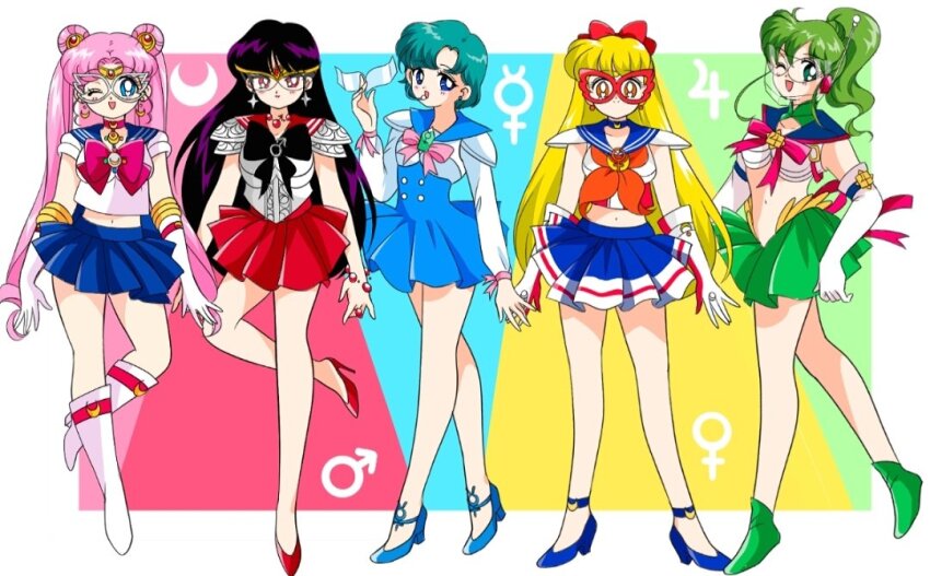 1990s_(style) 5girls aino_minako anklet aqua_hair arm_belt armor back_bow back_ribbon bad_id bad_twitter_id bare_legs bead_bracelet bead_choker beads belt bishoujo_senshi_sailor_moon black_bow black_bowtie black_hair blue_bow blue_choker blue_eyes blue_sailor_collar blue_shoes blue_skirt boots border bow bowtie bracelet bright_pupils brooch buttons choker circlet closed_mouth collar colorful_background commentary crescent crescent_earrings crescent_ring cropped_shirt crossed_legs derivative_work detached_collar dot_nose double_bun earrings elbow_gloves english_commentary eyelashes faux_retro_artstyle feather-trimmed_skirt full_body gloves green_boots green_collar green_hair green_skirt hair_bow hair_bun hair_ornament headset heart heart_in_eye high-waist_skirt high_collar high_heel_boots high_heels hino_rei holding holding_mask honeymoonpetal jewelry jupiter_symbol kino_makoto knee_boots leg_up light_blush long_hair long_sleeves looking_at_viewer magical_girl mars_symbol mask masquerade_mask mercury_symbol midriff miniskirt mizuno_ami multiple_belts multiple_girls navel neckerchief official_style one_eye_closed open_mouth orange_eyes orange_neckerchief outside_border parted_bangs pauldrons pink_bow pink_bowtie pink_hair pink_ribbon pleated_skirt ponytail prototype_design pumps red_belt red_bow red_bowtie red_choker red_eyes red_mask red_ribbon red_sailor_collar red_shoes red_skirt retro_artstyle ribbon ring sailor_collar sailor_jupiter sailor_mars sailor_mercury sailor_moon sailor_venus school_uniform serafuku shirt shoe_belt shoes short_hair short_sleeves shoulder_armor skirt sleeveless sleeveless_shirt smile sphere_earrings standing star_(symbol) star_earrings stiletto_heels straight-on straight_hair symbol_in_eye tareme tsukino_usagi tsurime venus_symbol very_long_hair wavy_hair white_boots white_border white_gloves white_mask white_pupils white_shirt wrist_ribbon