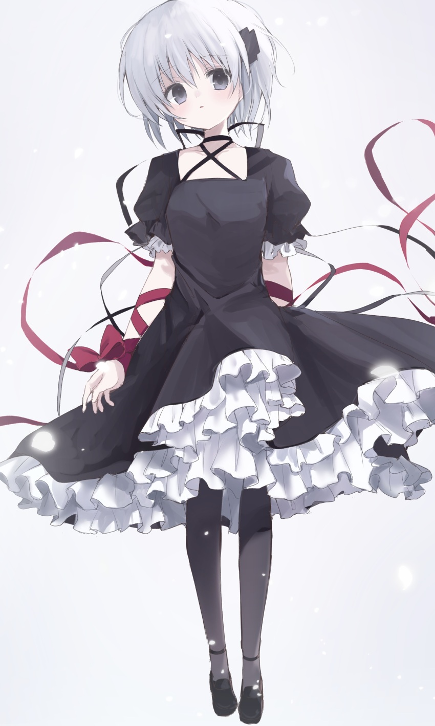 1girl absurdres alternate_eye_color arm_ribbon arms_at_sides black_dress black_pantyhose blush bow commentary_request criss-cross_halter cross_hair_ornament dress expressionless frilled_dress frilled_sleeves frills full_body grey_eyes grey_hair hair_between_eyes hair_ornament halterneck highres kagari_(rewrite) long_ribbon looking_at_viewer pantyhose parted_lips petticoat puffy_short_sleeves puffy_sleeves red_bow red_ribbon rewrite ribbon short_hair short_sleeves simple_background solo standing takepoison white_background wrist_bow