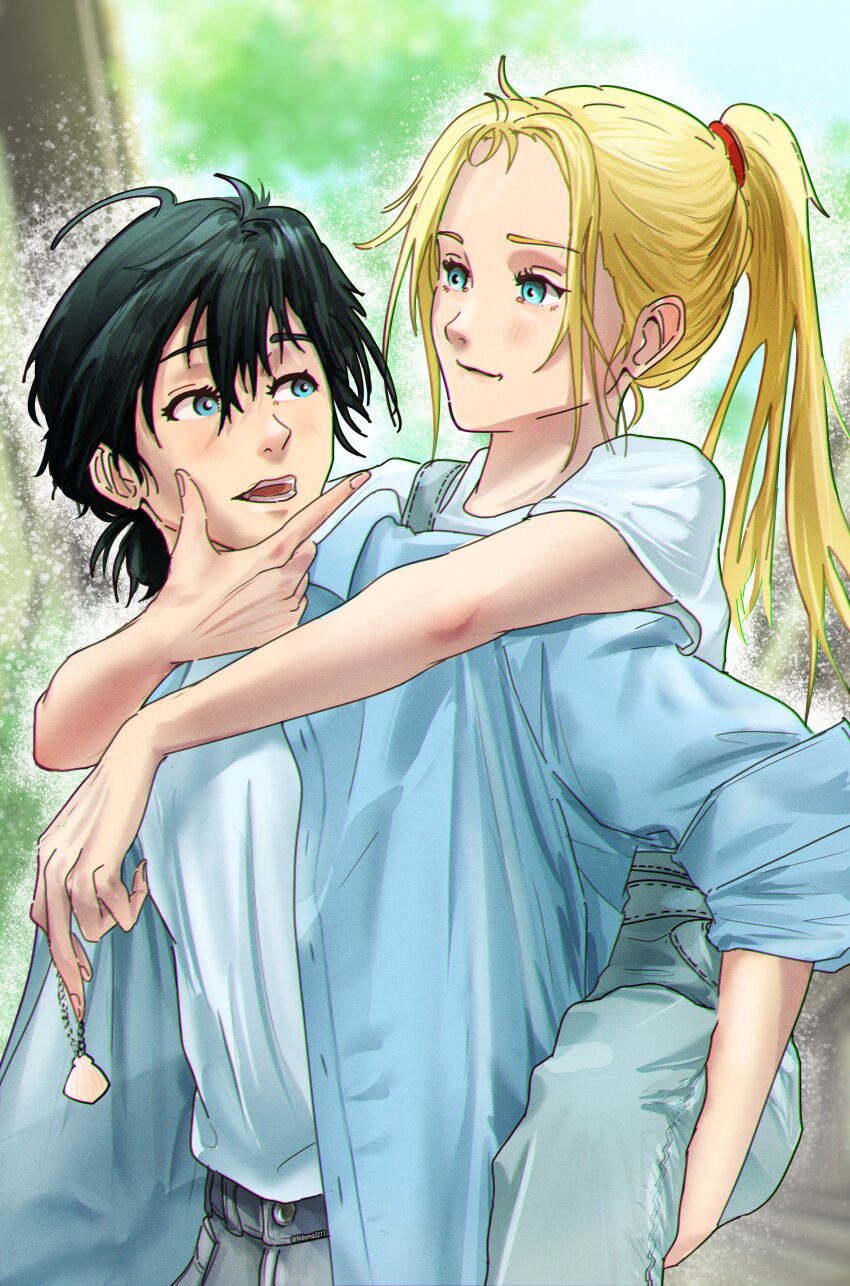 1boy 1girl absurdres ajiro_shinpei black_hair blonde_hair blue_eyes blue_jacket carrying commentary day english_commentary grey_pants hetero highres jacket jewelry kofune_ushio necklace nikoma2211 open_mouth outdoors pants piggyback ponytail shell shell_necklace shirt summertime_render white_shirt