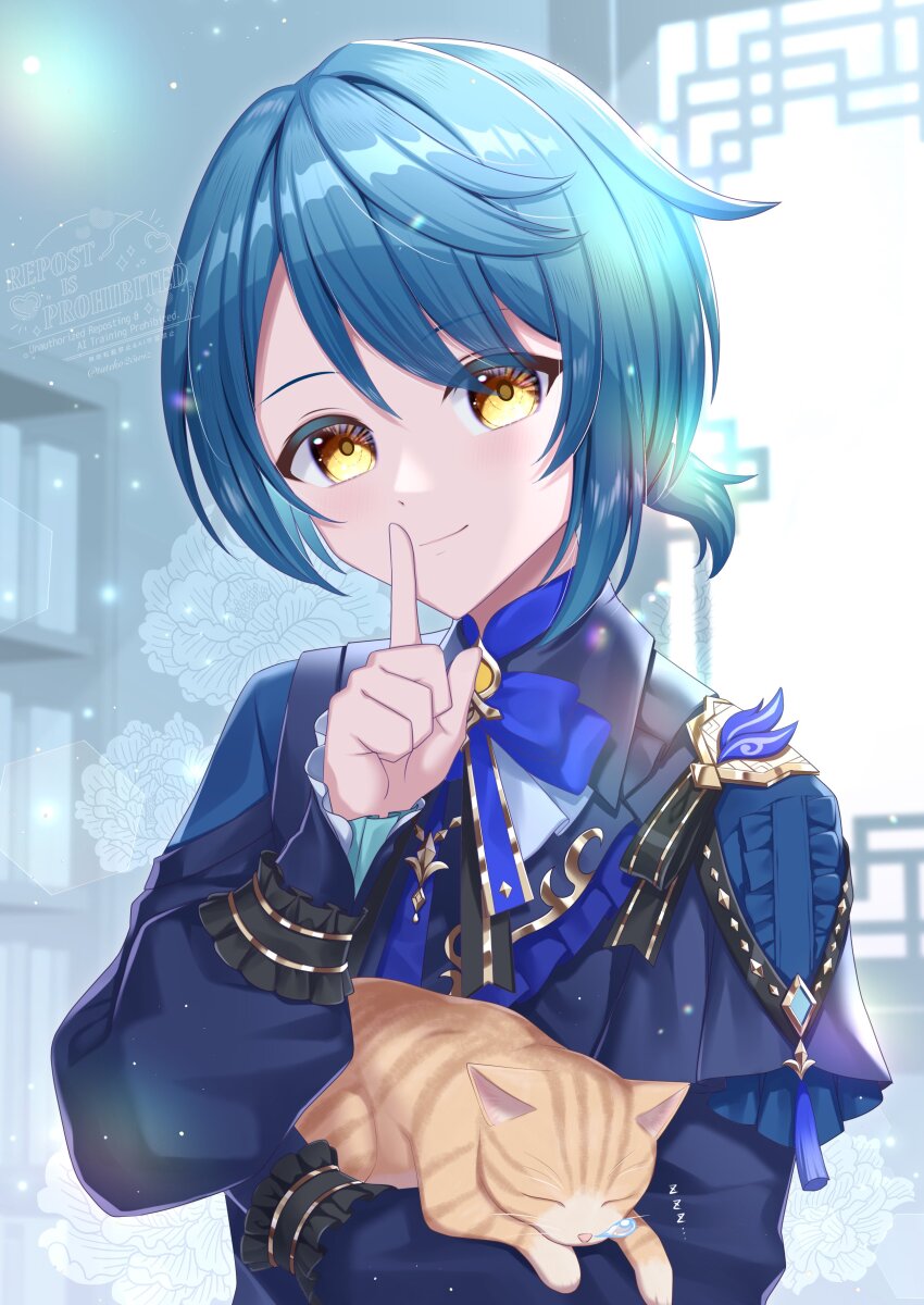 1boy absurdres animal blue_hair blue_jacket book brown_cat closed_mouth commentary_request finger_to_mouth genshin_impact highres holding holding_animal jacket long_hair long_sleeves male_focus medium_hair shushing smile solo tassel tateko25wiz xingqiu_(bamboo_rain)_(genshin_impact) xingqiu_(genshin_impact) yellow_eyes
