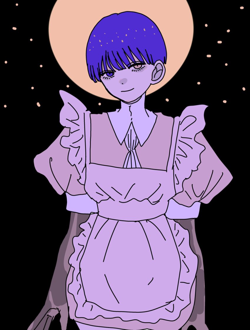 1other apron blue_eyes blue_hair closed_mouth dress eyebrows_hidden_by_hair full_moon golden_arms heterochromia highres houseki_no_kuni maid_apron moon other_focus phosphophyllite_(ll) pink_dress pink_eyes puffy_short_sleeves puffy_sleeves short_dress short_hair short_sleeves smile solo star_(symbol) turtleneck turtleneck_dress very_short_hair yuzuha_takamura