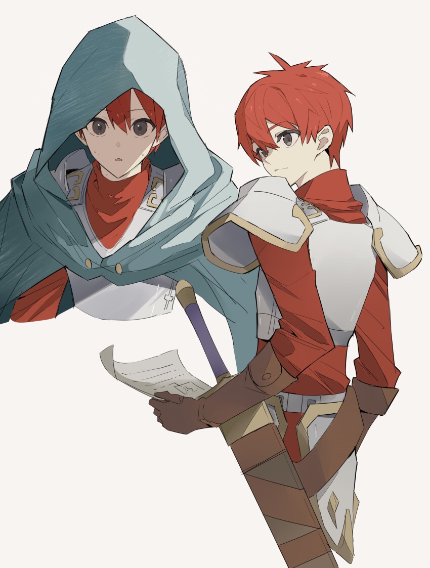 1boy absurdres adol_christin ancient_ys_vanished armor brown_eyes brown_gloves cape double-parted_bangs george_man gloves grey_background hair_between_eyes highres holding holding_paper hood hooded_cape male_focus paper pauldrons red_hair short_hair shoulder_armor simple_background solo sword weapon ys