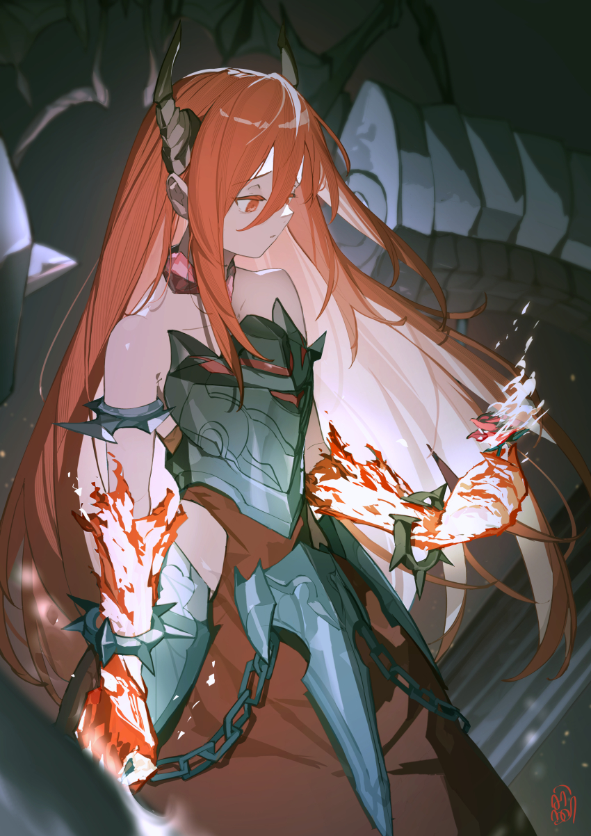 1girl absurdres armor bare_shoulders bracelet breastplate demon_horns dress duel_monster flaming_hand hair_between_eyes hand_up highres hip_vent horns jewelry long_hair looking_down promethean_princess_bestower_of_flames red_dress red_eyes red_hair sen-jou solo spiked_bracelet spikes yu-gi-oh!