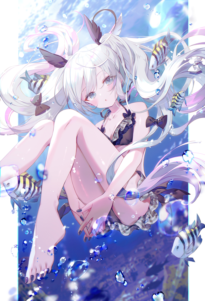 1girl :o absurdres air_bubble bare_legs barefoot bikini bikini_skirt black_bikini black_bow blush bow breasts bubble cleavage collarbone feet fish floating_hair foot_out_of_frame frilled_bikini frills grey_eyes hair_between_eyes hair_bow halterneck hands_under_legs highres ibara_riato knees_together_feet_apart knees_up legs light_rays long_hair looking_at_viewer nail_polish open_mouth original own_hands_clasped own_hands_together pillarboxed pleated_skirt purple_nails sidelocks skirt small_breasts solo swimsuit toenail_polish toenails toes twintails underwater water white_hair
